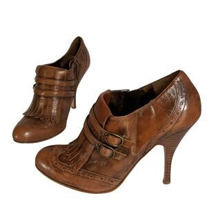 Vintage Enzo Angiolini Brown Leather Fringe Heels Size 7M Double Buckle Pumps